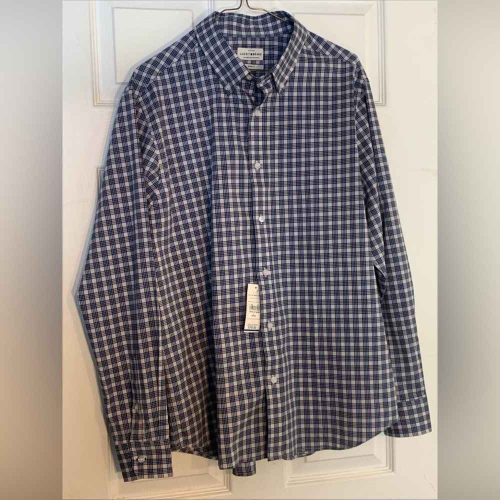 NWT Lucky Brand Shirt Mens L Slim Fit Blue 16-16 1/2 CheckButton Up Long Sleeve